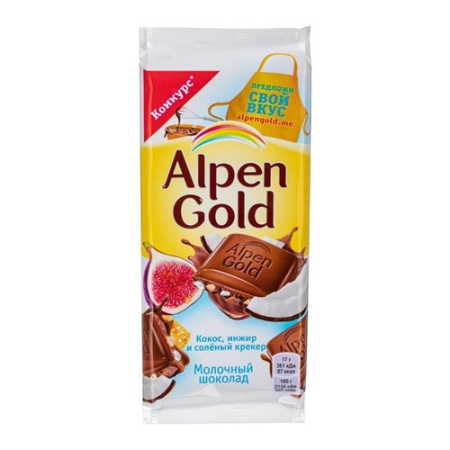 Шоколад Alpen Gold молочный c сушеным инжиром, кокосовой стружкой и соленым крекером